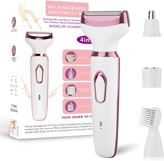 Electric Razor for Women, 4-in-1 Bikini Trimmer, Waterproof Electric Shaver for Women, Rechargeable Painless Pubic Hair Trimmer