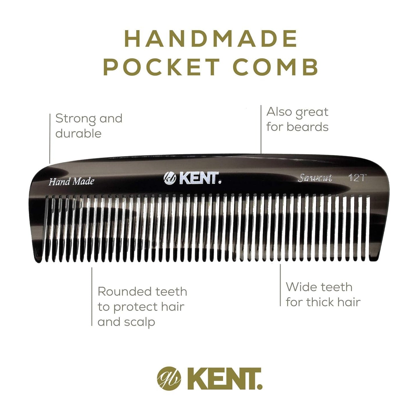 Kent 12T Wide Tooth Detangling Comb - Handmade Pocket Grooming Tool for Thick, Curly, Wavy Hair, Beards and Mustaches - SawCut and Hand Polished