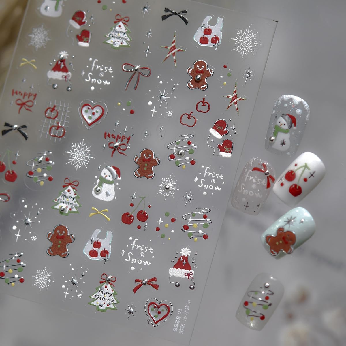 Christmas Nail Art Stickers 5D Embossed Happy Gingerbread Man Nail Stickers Snowman Xmas Light Xmas Tree Snowflake Cherry Nail Decals for Women Girls Winter Holiday Manicure DIY Nail Supplies 1 Sheet