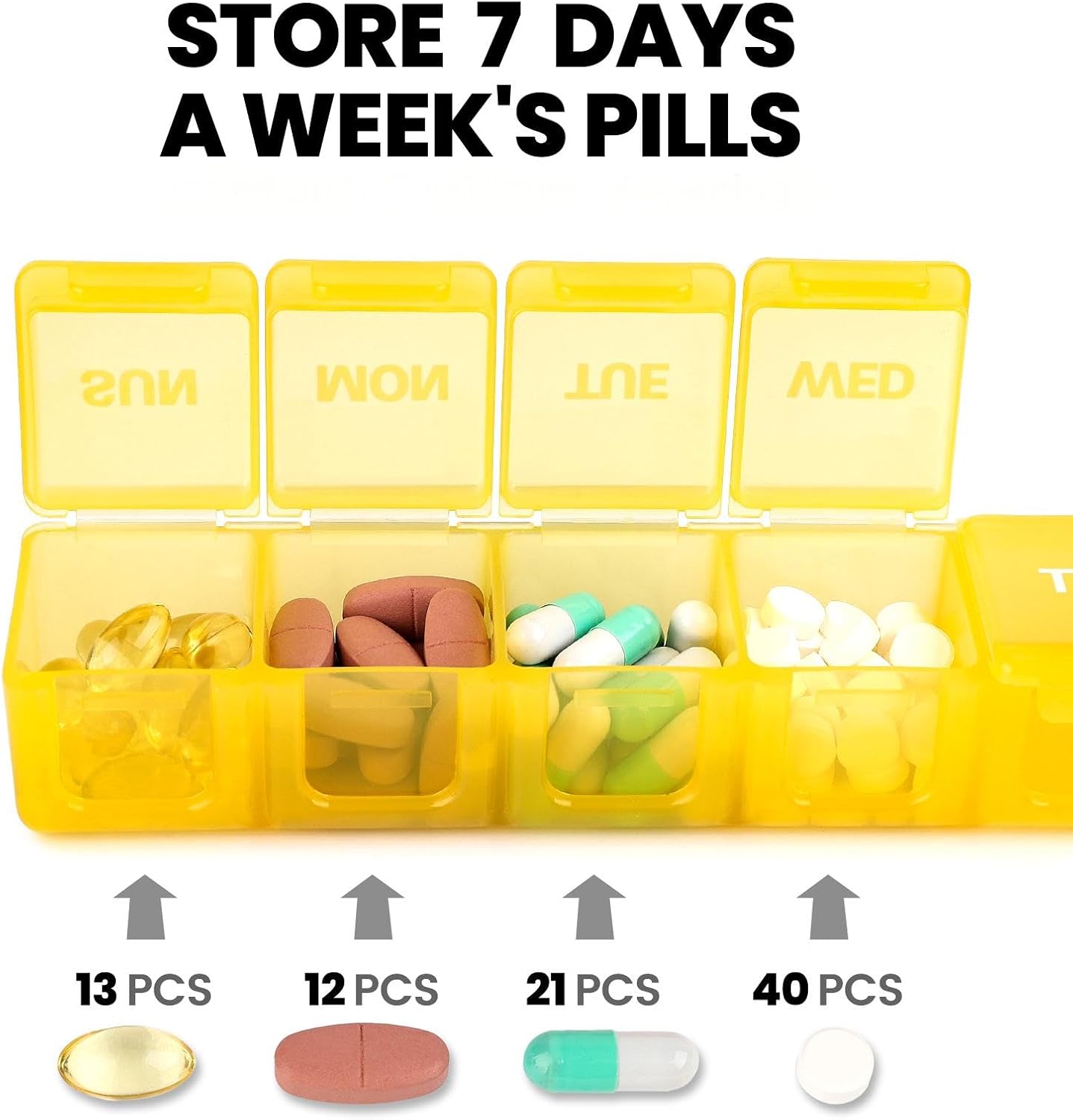 Sukuos Extra Large Daily Pill Organizer 7 Day, Easy to Open Weekly Pill Box Case, Portable Medicine Organizer with Clear Lid for Vitamins, Fish Oils or Supplements (Yellow)