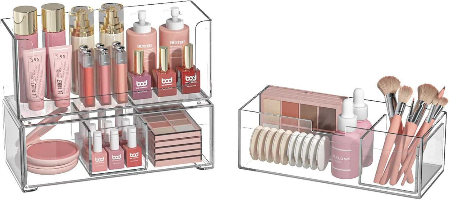 Stackable Storage Drawers Clear Plastic Storage Bins Bathroom Drawer Organizer Medicine Cabinet Organizer Makeup Organizers w Removable Divider Home Workspace Office Desktop Vanity Gift Idea 2Pack