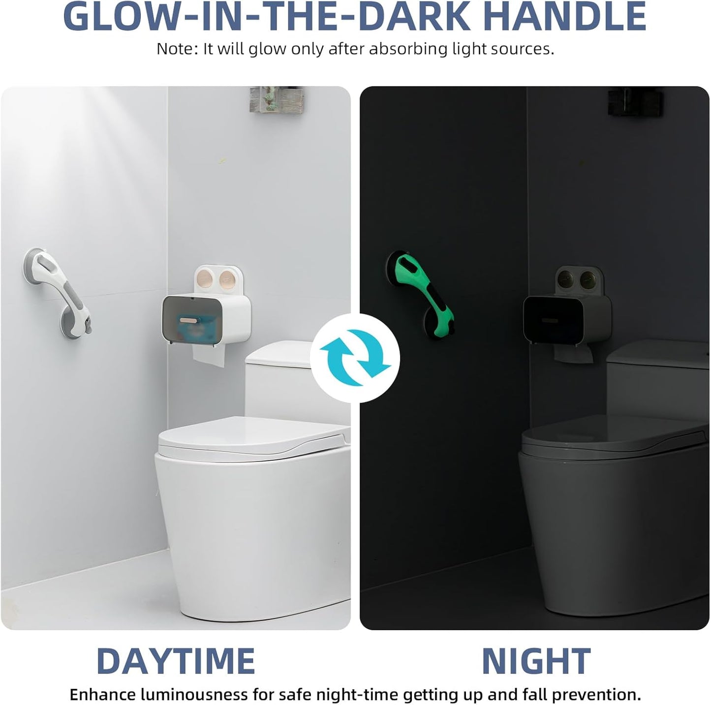 Grab Bars for Bathtubs and Showers Glow in The Dark, 12 inch Suction Grab Bar, Shower Handle Safety Grip Handrail for Seniors and Elderly, Removable Waterproof No Drilling, Grey