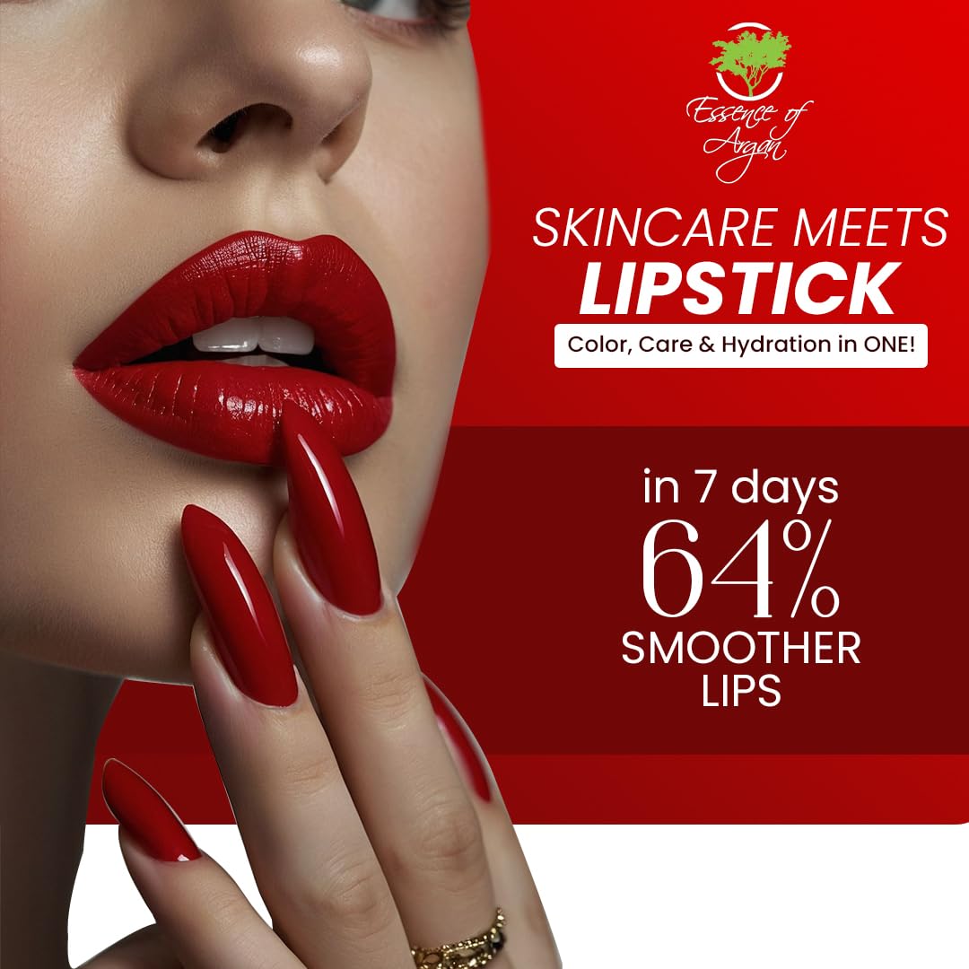 𝗘𝘀𝘀𝗲𝗻𝗰𝗲 𝗼𝗳 𝗔𝗿𝗴𝗮𝗻 Deep Moisturizing Red Lipstick, Long Lasting Lipstick & Lip Care in 1 with Pure Organic Argan Oil, Shea Butter, Jojoba Oil & Aloe Vera Hydrating, Roses R Red