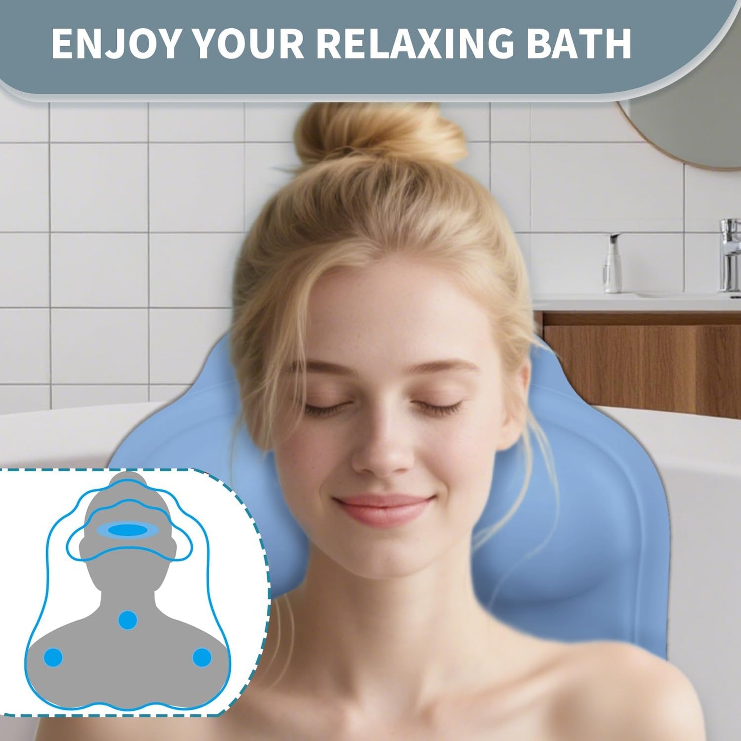 Silicone Bath Pillow for Tub – Ergonomic Bathtub Headrest with Inflatable Air Cushion, Non-Slip Suction Cups & Neck/Back Support – Comfortable Spa Bath Accessory for Relaxation (Blue)