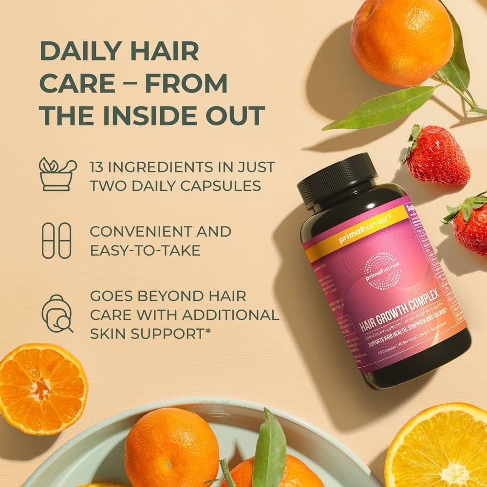 Primal Harvest Hair Growth Vitamins, Hair Growth for Women & Men - 60 Hair Growth Pills, Natural Hair Thickening Products for w/Biotin & Zinc - Hair Supplement, Regrowth Hair Vitamins