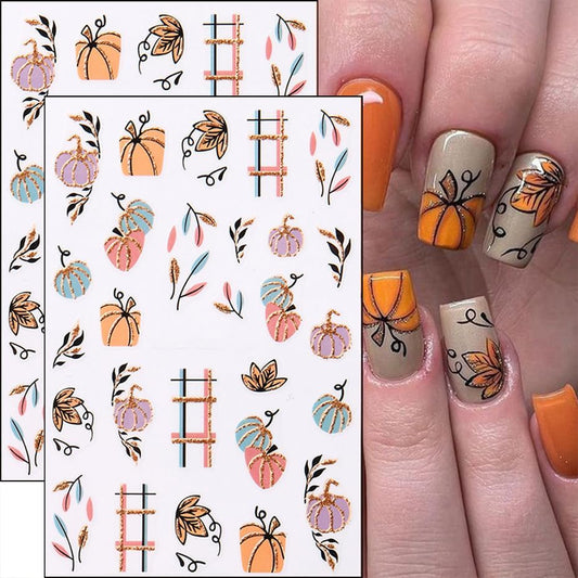 Fall Nails Stickers Autumn Leaves Nails Sticker 3D Embossed Maple Leaves Self Adhesive Sticker Nail Decals Glitter Pumpkin Thanksgiving Nail Art Decal Fall Decals for Nail DIY Manicure 4Sheet
