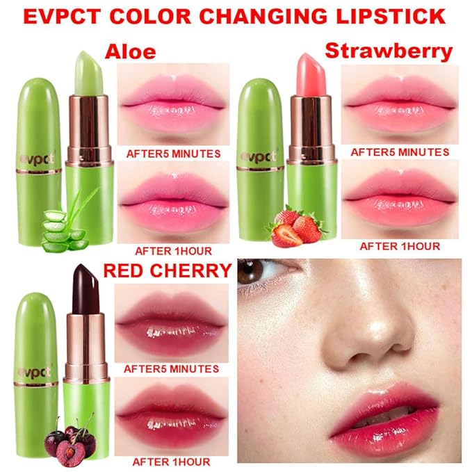 evpct 3Pcs Magic Color Changing Lipstick Long Lasting Waterproof 24 Hours Original for Women, Aloe Vera Strawberry Black Red Cherry PH Mood Permanent Color Changing Lipstick Lip Balm, labial magico