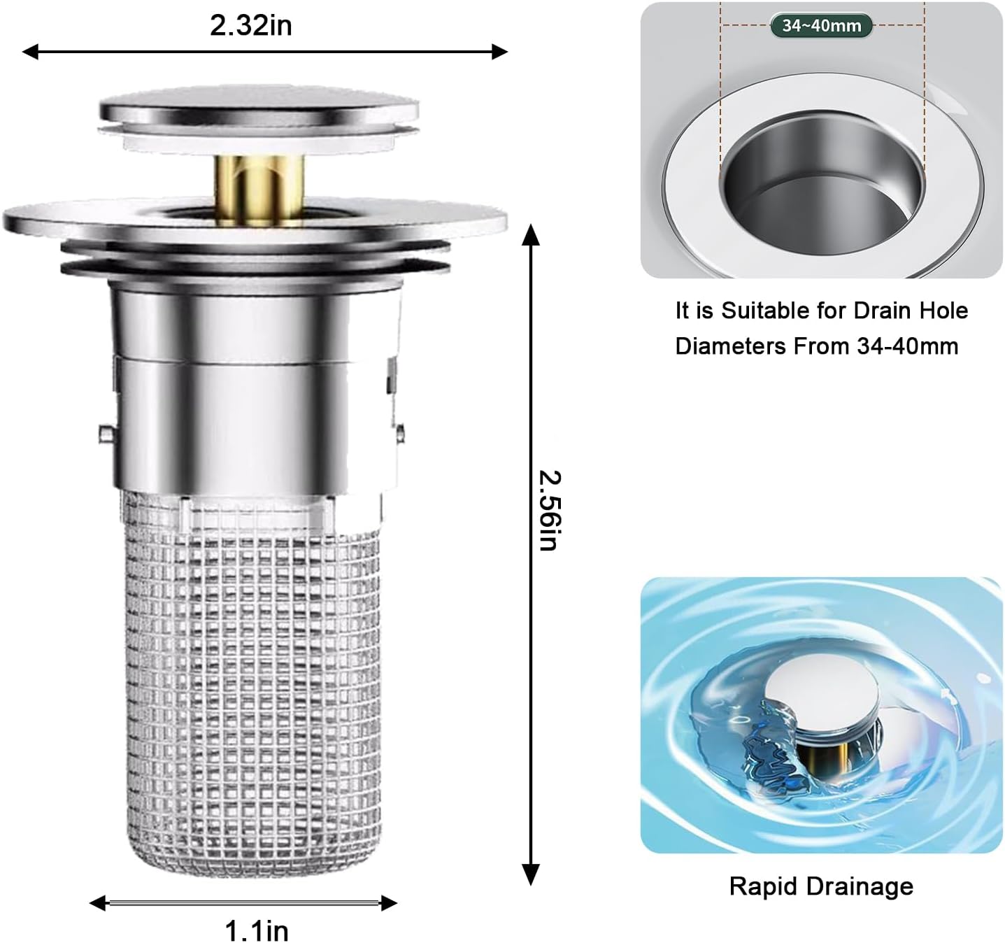 2Pcs Bathroom Sink Stopper for 1.1”-1.3”, Pop Up Sink Drain Filter with Removable Stainless Steel Filter Basket Hair Catcher, for US Universal Kitchen Bathroom Basin Sink Stopper Replacement