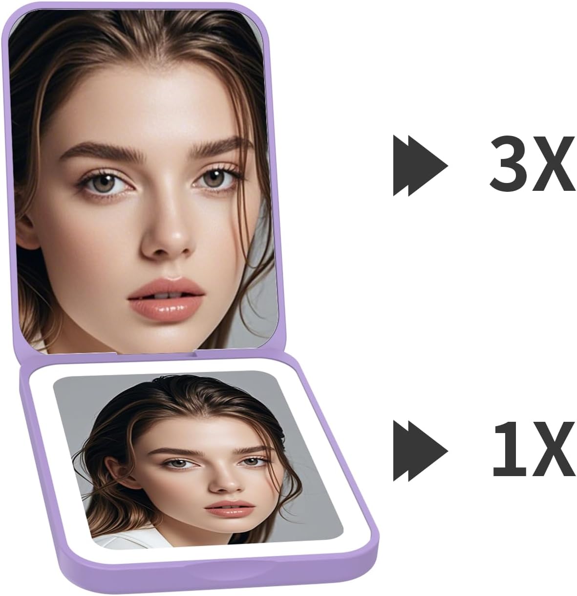 Kintion 2025 Pocket Mirror, Rechargeable Dimmable 3 Color Lighting 1X/3X LED Compact Travel Makeup Mirror for Purse, Portable, Folding, Handheld, Small Lighted Mirror for Women Gift, Purple