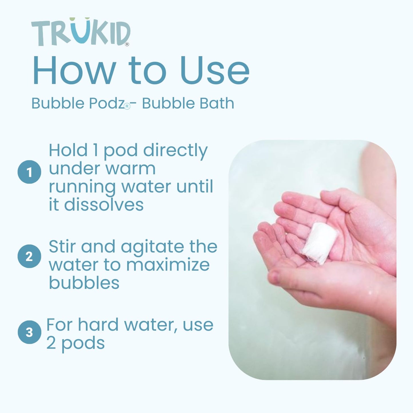 TruKid Bubble Podz Bubble Bath for Kids, Toddlers, & Babies, Tear Free Gentle & Refreshing Bath Bomb for Sensitive Skin with Natural Moisturizers, Non-Toxic, pH Balanced, Eucalyptus Scent (24 Podz)