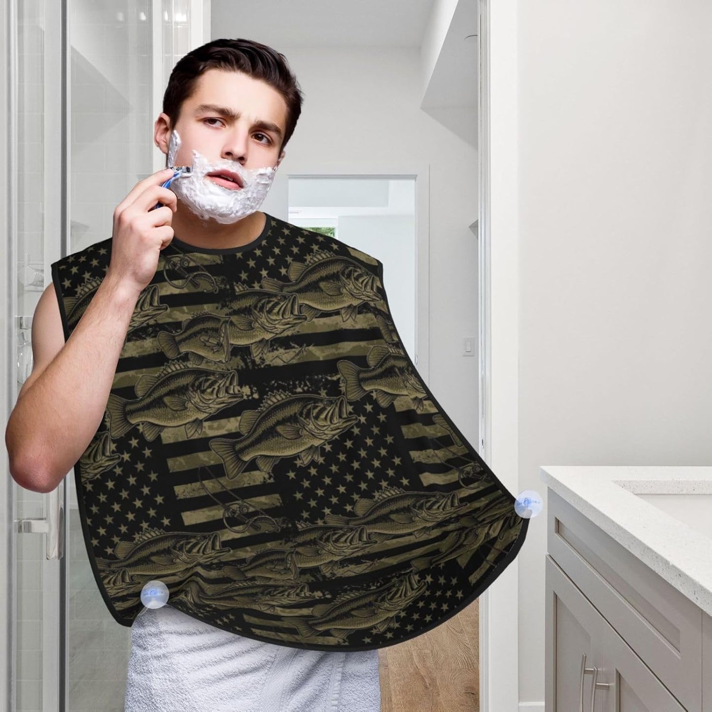 Beard Bib Apron for Men Shaving, Waterproof Non-Stick Hair Catcher with Suction Cups, Grooming Essential for Dad Husband, Bass Fishing Hunting Camo Camouflage American Flag Shave Bib