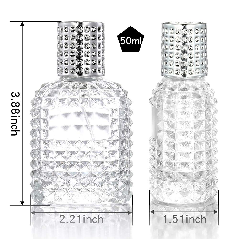2 Pack 50ml Thick Clear Glass Fine Mist Spray Scent Aftershave Luxury Perfume Bottles Empty Atomizer Spray Bottle with 4 kinds of perfume dispenser (Silver cap and Gold cap)