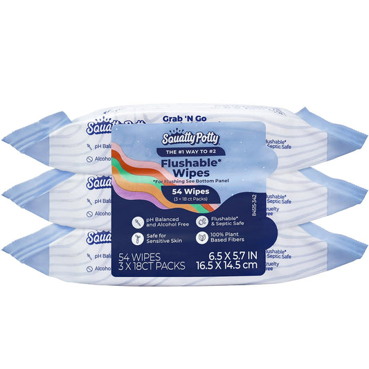 Squatty Potty Flushable Wipes - 3 Pack (54 Total Wipes) - 99% Water & Plant-Based - Green Tea, Cucumber & Aloe Spa Scent - pH Balanced - Septic Safe Adult Wet Wipes