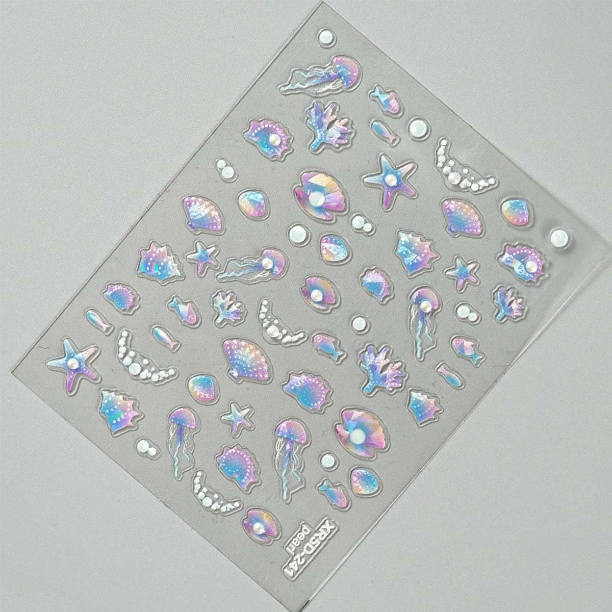 2Sheet Summer Nail Art Stickers 5D Embossed Nail Decals with Pearl Shiny Shell Starfish Jellyfish Design Self-Adhesive Nail Supplies DIY Acrylic Manicure Accessories for Women Girls‌