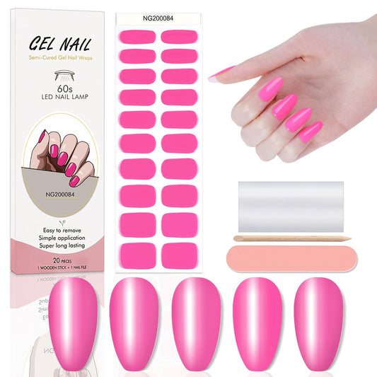 WOKOTO 20 Pcs Hotpink Semi Cured Gel Nail Strips With Nail File & Wooden Stick Nail Polish Strips Gel Nail Stickers Full Nail Wraps For Women Girls Stick On Real Nail Polish Stickers For Nails