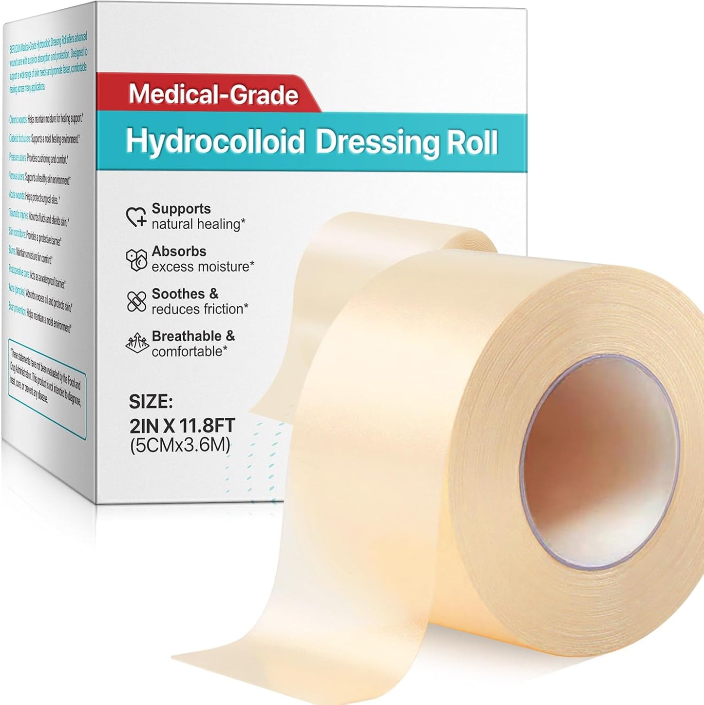 Hydrocolloid Roll 2 inch x 11.8 ft, Hydrocolloid Bandages for Wound Care, Flexible & Waterproof Self-Adhesive Hydrocolloid Patches Bandages, Cut-to-Size