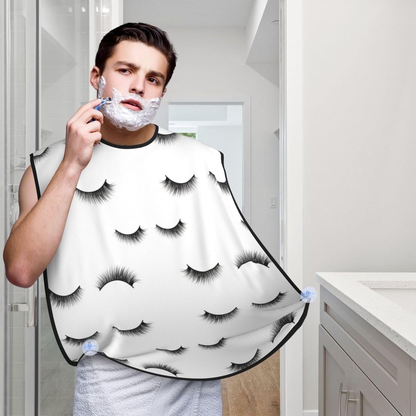 Strong Suction Cup Beard Grooming Bib, Non-Stick Hair Catcher, Waterproof, for Shaving, Black Eyelash White