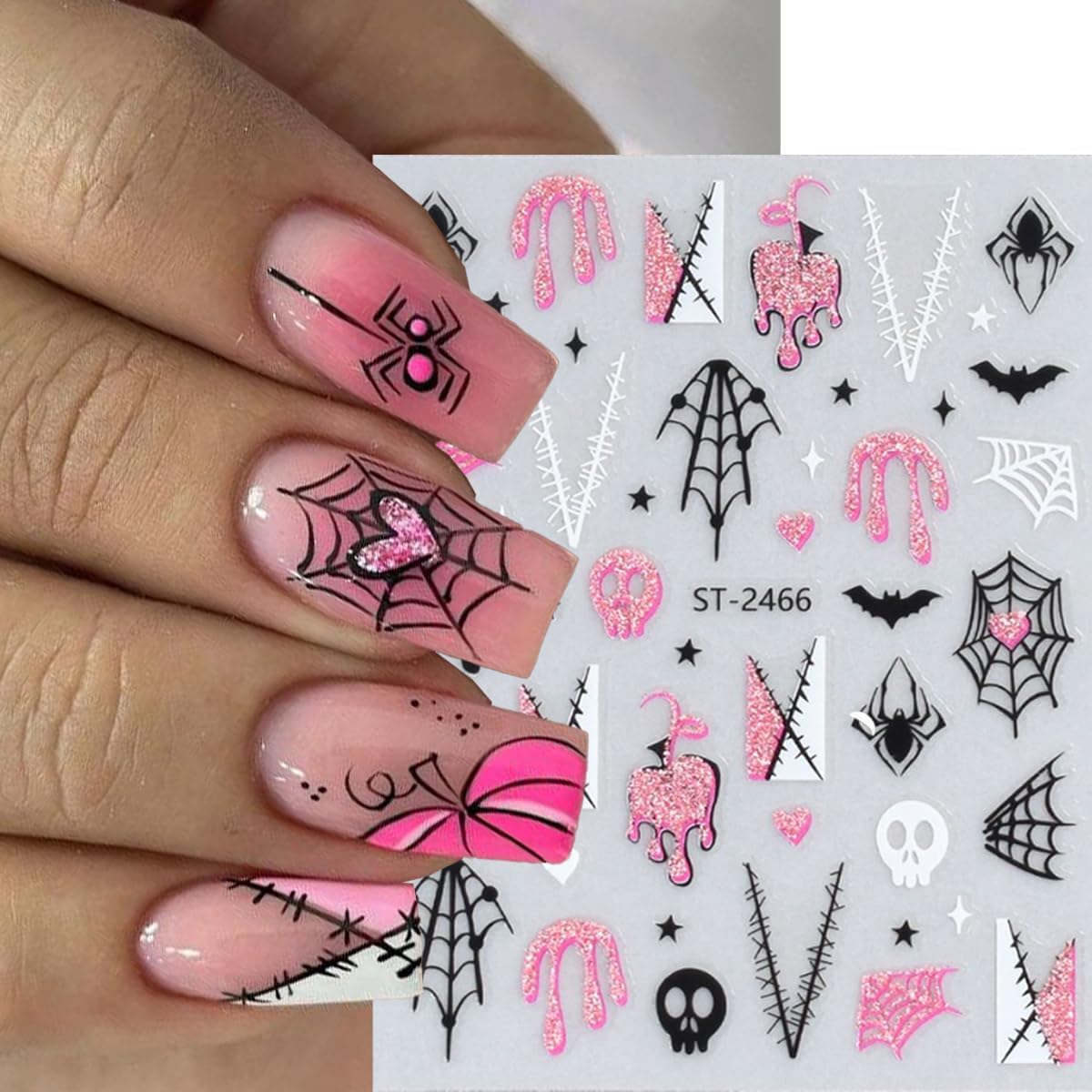 6 Sheets Halloween Nail Art Stickers Glitter Pink Nail Stickers Spider Web Nail Decals Pumpkin Line French Tips Heart Design Ghost Nail Sticker for Nail Art for Women DIY Holiday Manicure Supplies