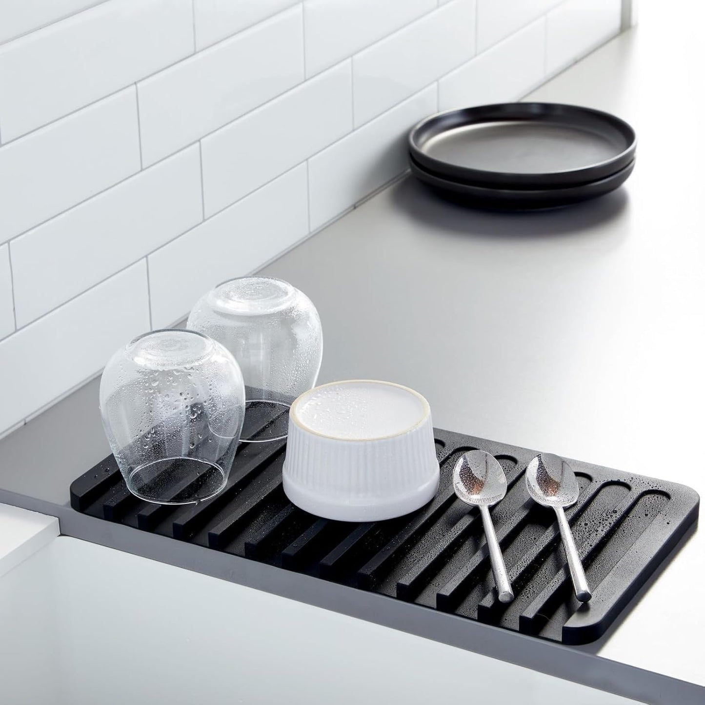 Talented Kitchen Self-Draining Silicone Dish Drying Mat - Sloped Silicone Countertop Drain Mat & Dish Drying Pad for Kitchen Counter - 15 x 8 in Black