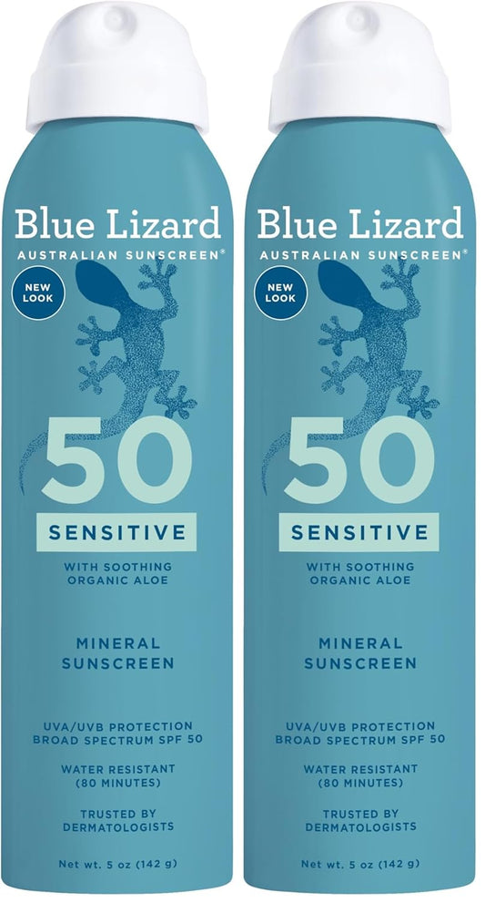 Blue Lizard Sensitive Mineral Sunscreen Spray SPF 50+, Dermatologist-Recommended Brand, Broad-Spectrum UVA/UVB Protection, Water-Resistant, Zinc Oxide Formula, 5 fl oz (Pack of 2)