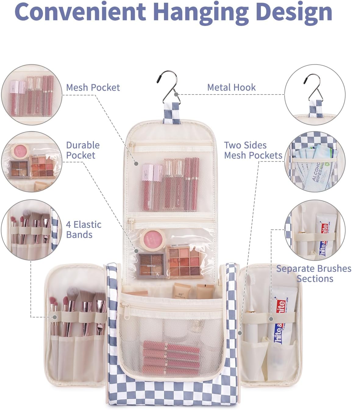 Narwey Checked Hanging Travel Toiletry Bag for Women, Travel Bag for Toiletries, Makeup Bag Organizer Cosmetic Bags Make Up Bags for Women (Grayish Blue Checkerboard)