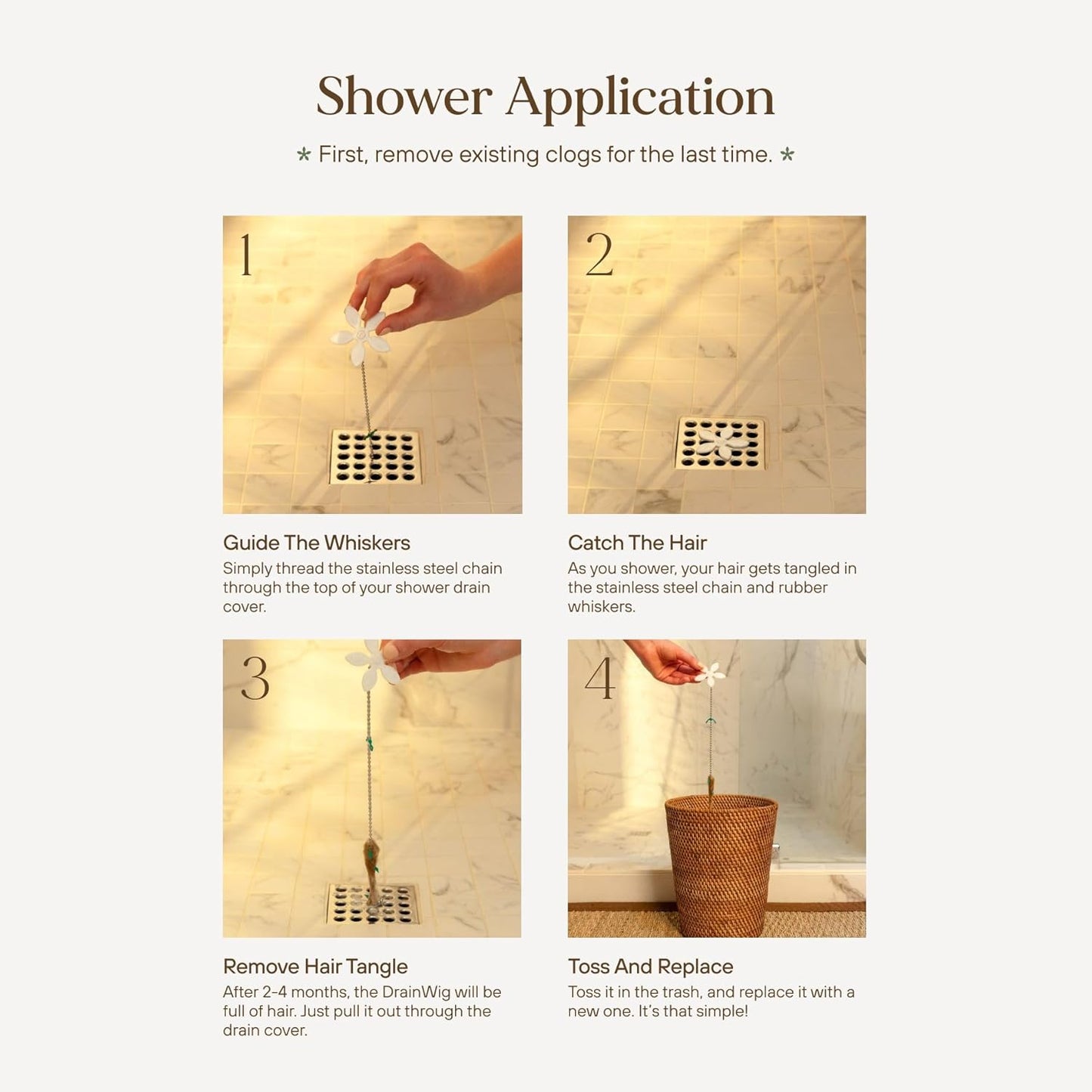 DrainWig Shower Drain Hair Catcher – Disposable Silver Flower (2-Pack) – No-Touch Hair Removal for Flat Shower Drains – As Seen on Shark Tank