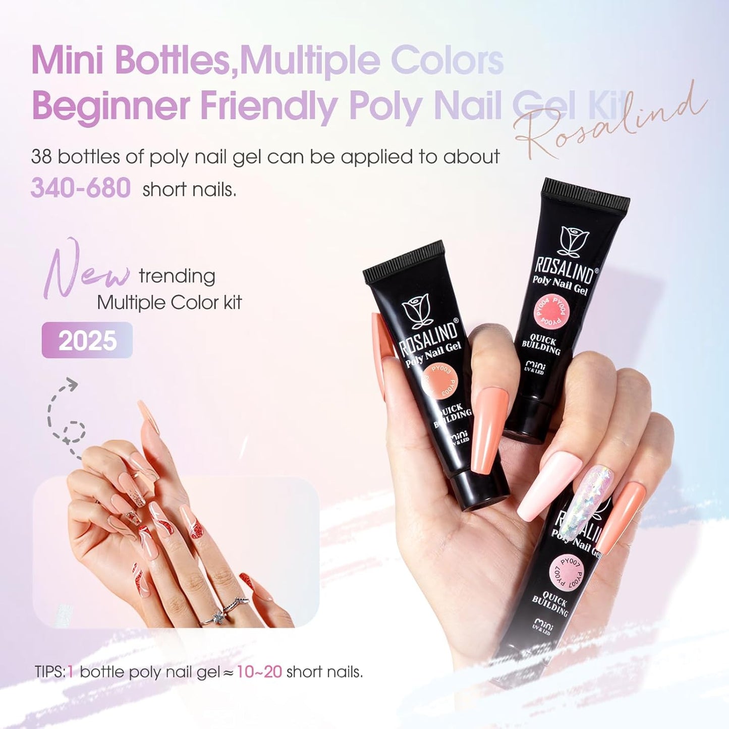 ROSALIND Poly Nail Gel Kit -38 Classic Colors +72 Nail Art Accessories kit Clear Nude Poly Nails Gel Kit Starter Kit with Mini UV Lamp Slip Solution Basic Tools for Beginners with Everything