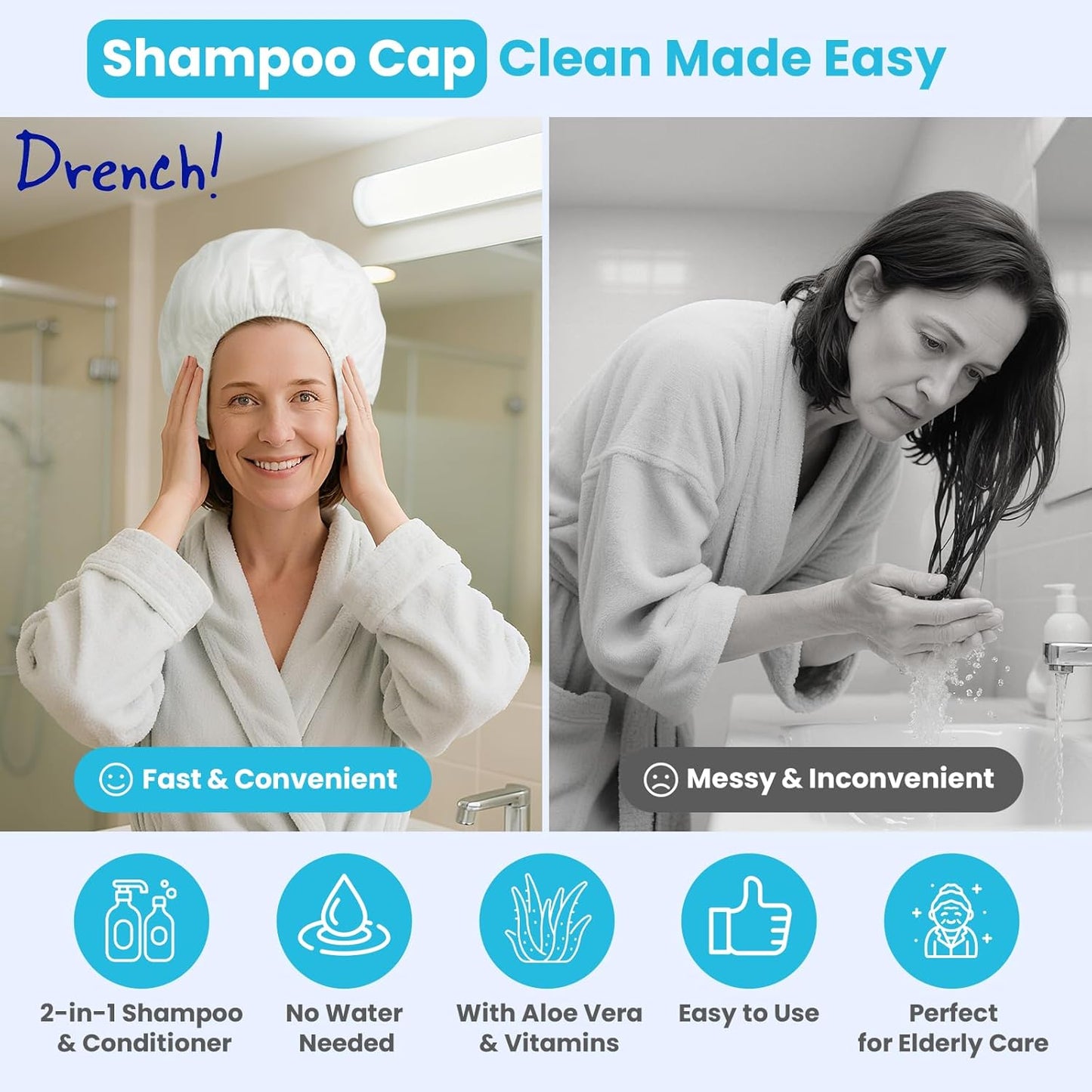Drench No Water Hair Washing Cap - Waterless Shower Caps with Shampoo and Conditioner - Disposable Rinse Free Wash Aids - Ideal for Elderly and Disabled - Pack of 18