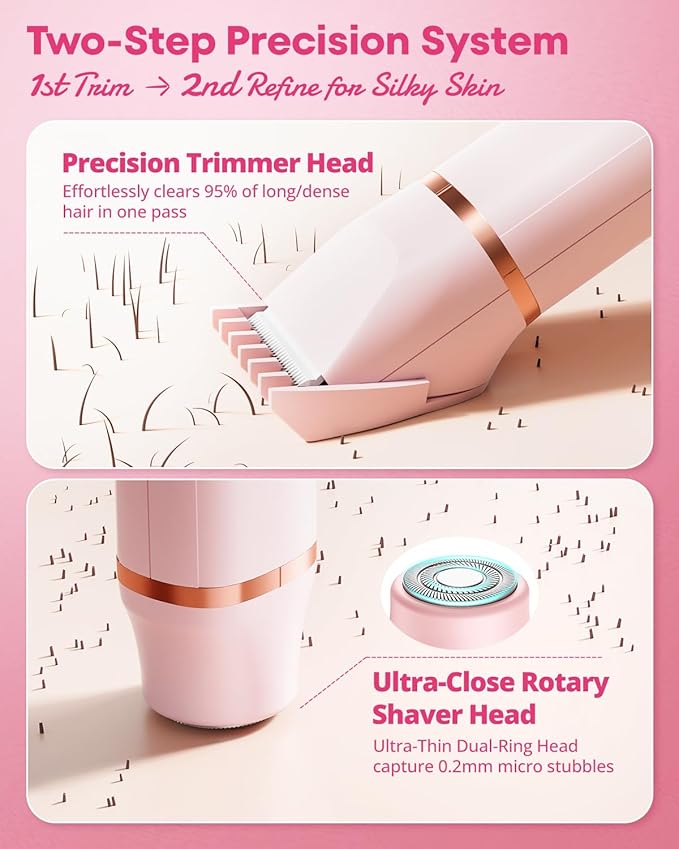 Electric Bikini Trimmer: 2 in1 Body Facial Hair Remover - Painless Pubic Hair Shaver (Pink)