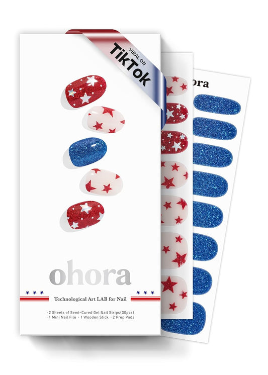 ohora Semi Cured Gel Nail Strips (N Liberated Stars) - Works with Any Lamps, Salon-Quality, Long Lasting, Easy to Apply & Remove - Includes 2 Prep Pads, Nail File & Wooden Stick