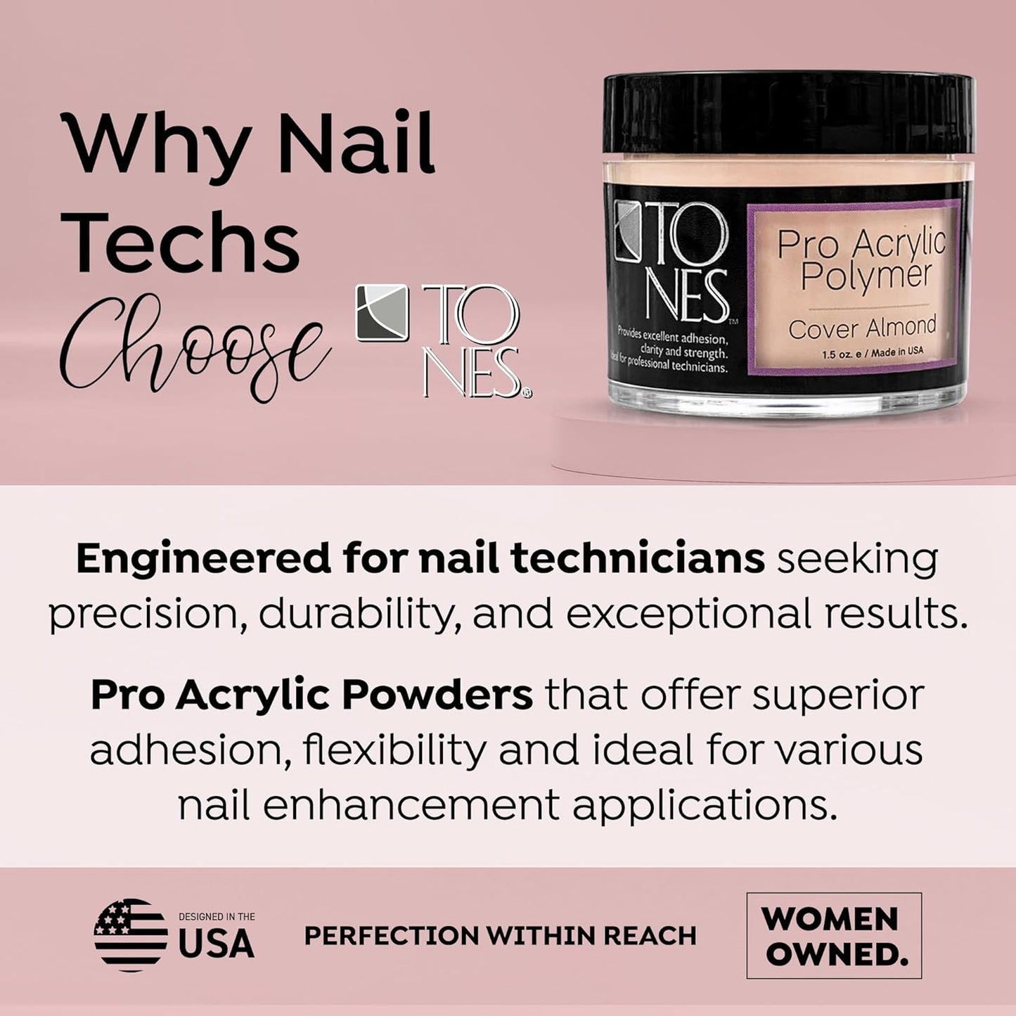 Tones Pro Acrylic Nail Powder, Cover Almond (Soft Nude Beige), (8.5 Fl Oz) - Long-Lasting & Non-Yellowing Polymer for Salon Quality Nail Extensions & 3D Art