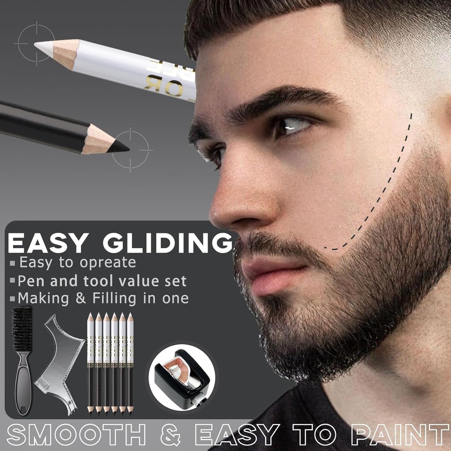 Barber Pencil for Lineup Magic Hairline Enhancement Beard Guide Shaping Pencils for Design Razor Trace Black White Barber Chalk Pencils Set with Sharpener Ruler Brush for Men