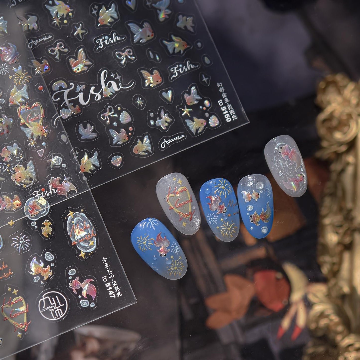 Goldfish Nail Art Stickers Sparkly Koi Fish Nail Stickers 5D Embossed Koi Lotus Leaf Chinese Style Manicure Decals Accessories Shell Adhesive Slider for Women Girls DIY Nail Art Decorations