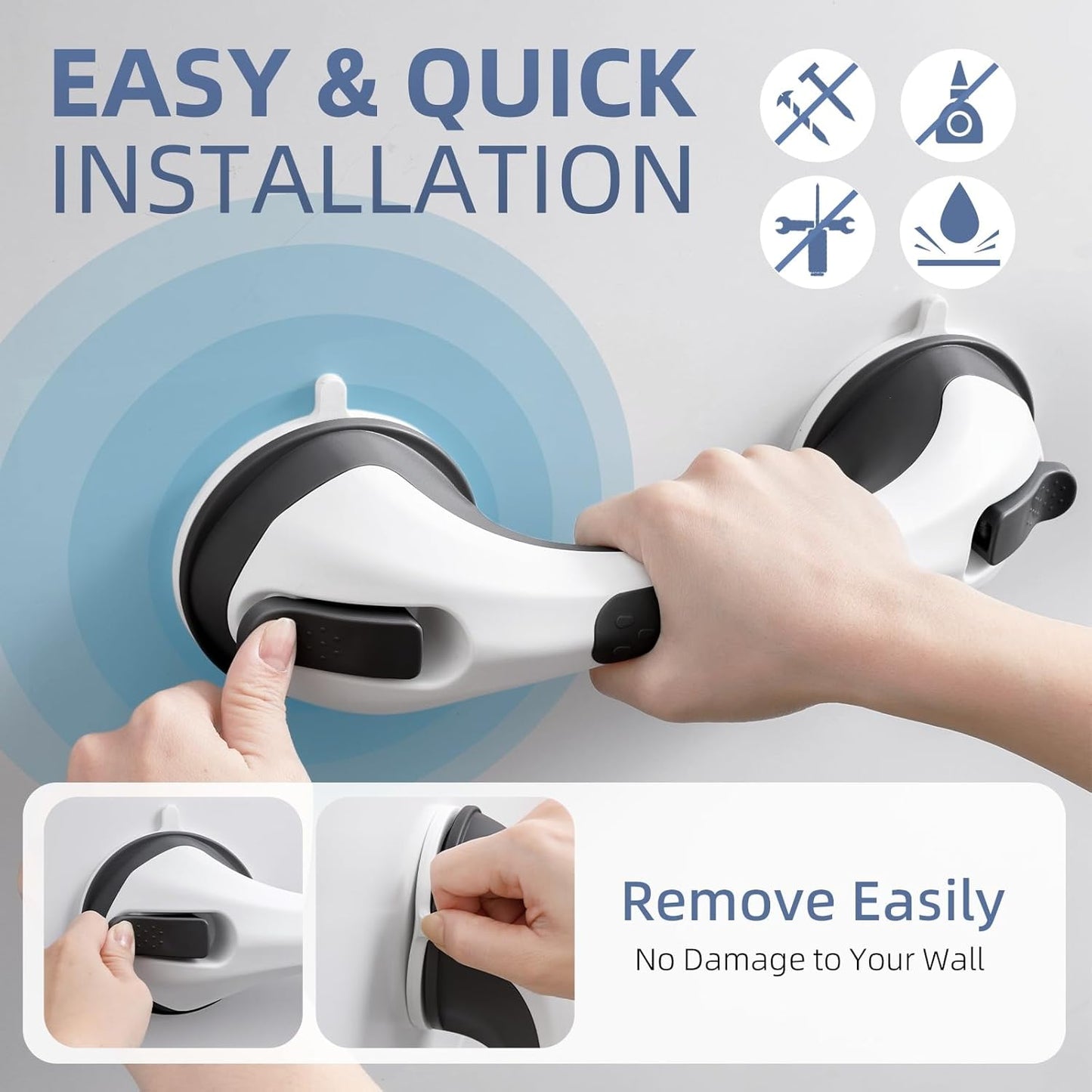 Grab Bars for Bathtubs and Showers Glow in The Dark, 12 inch Suction Grab Bar, Shower Handle Safety Grip Handrail for Seniors and Elderly, Removable Waterproof No Drilling, Black