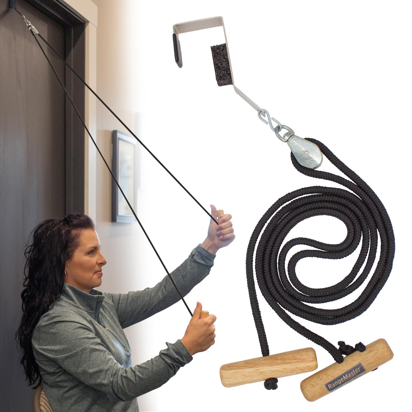 RangeMaster EconoRanger Shoulder Pulley for Over The Door Physical Therapy | Arm Rehab, Rotator Cuff and Surgery Recovery, Pulleys to Alleviate Shoulder Pain | Metal Bracket Door Attachment (Black)