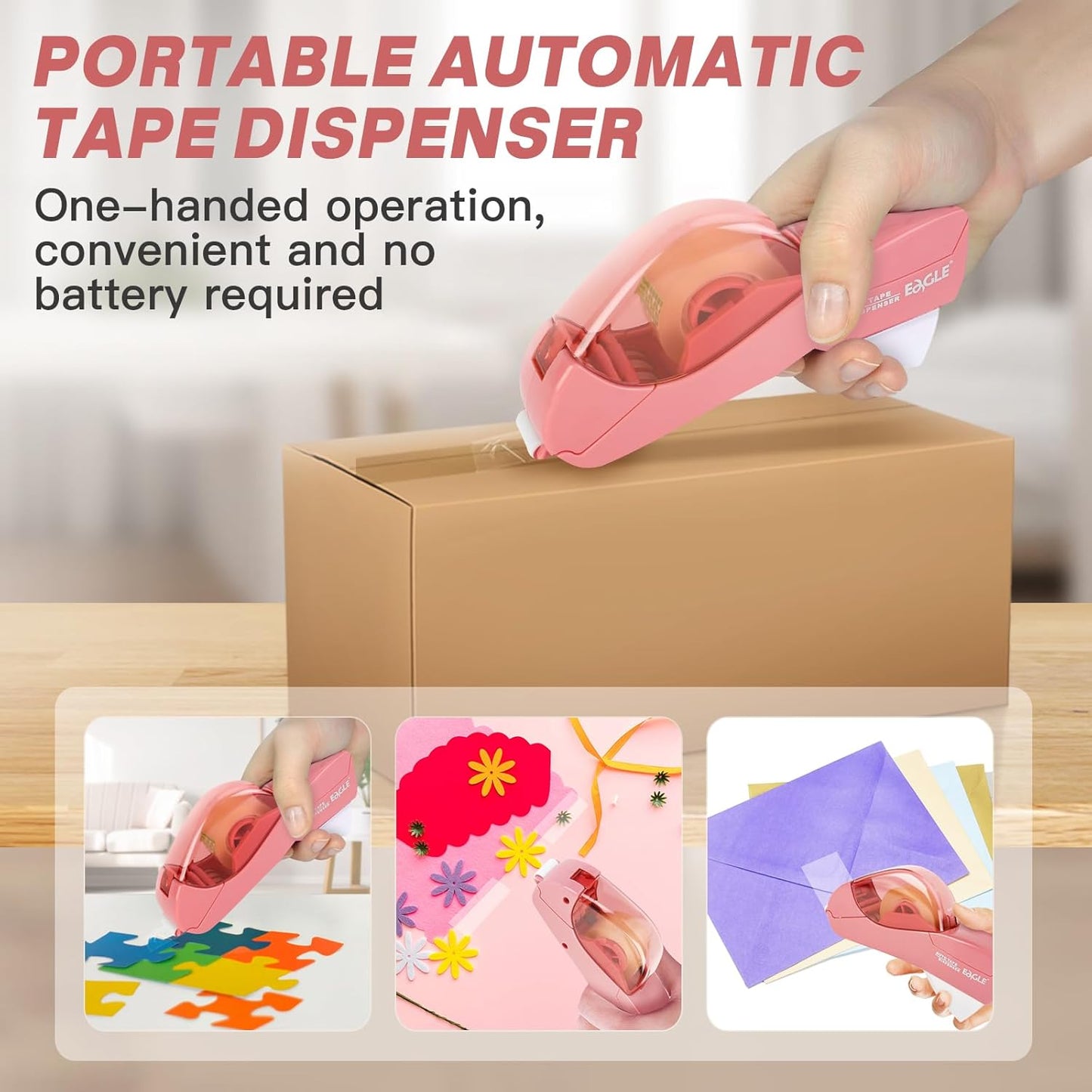 Eagle Automatic Tape Dispenser, Handheld & Portable Design, Office Tape Gun, One-Handed Operation with Safety Blade for Office, Home, DIY or Packaging (Includes 2 Free Tapes)（Flamingo Pink）