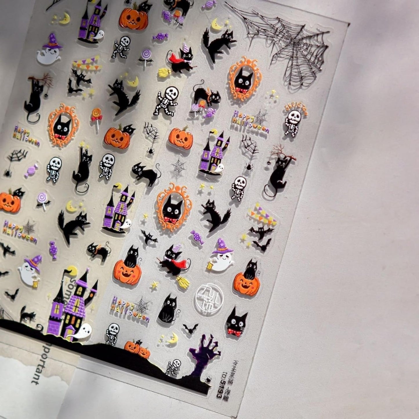 5D Embossed Halloween Nail Stickers Haunted House Ghost Nail Designs Pumpkin Cat Nail Decals 3D Self-Adhesive Skeleton Spider Web Nail Art Decoration for Women Holiday DIY Manicure 1 Sheet