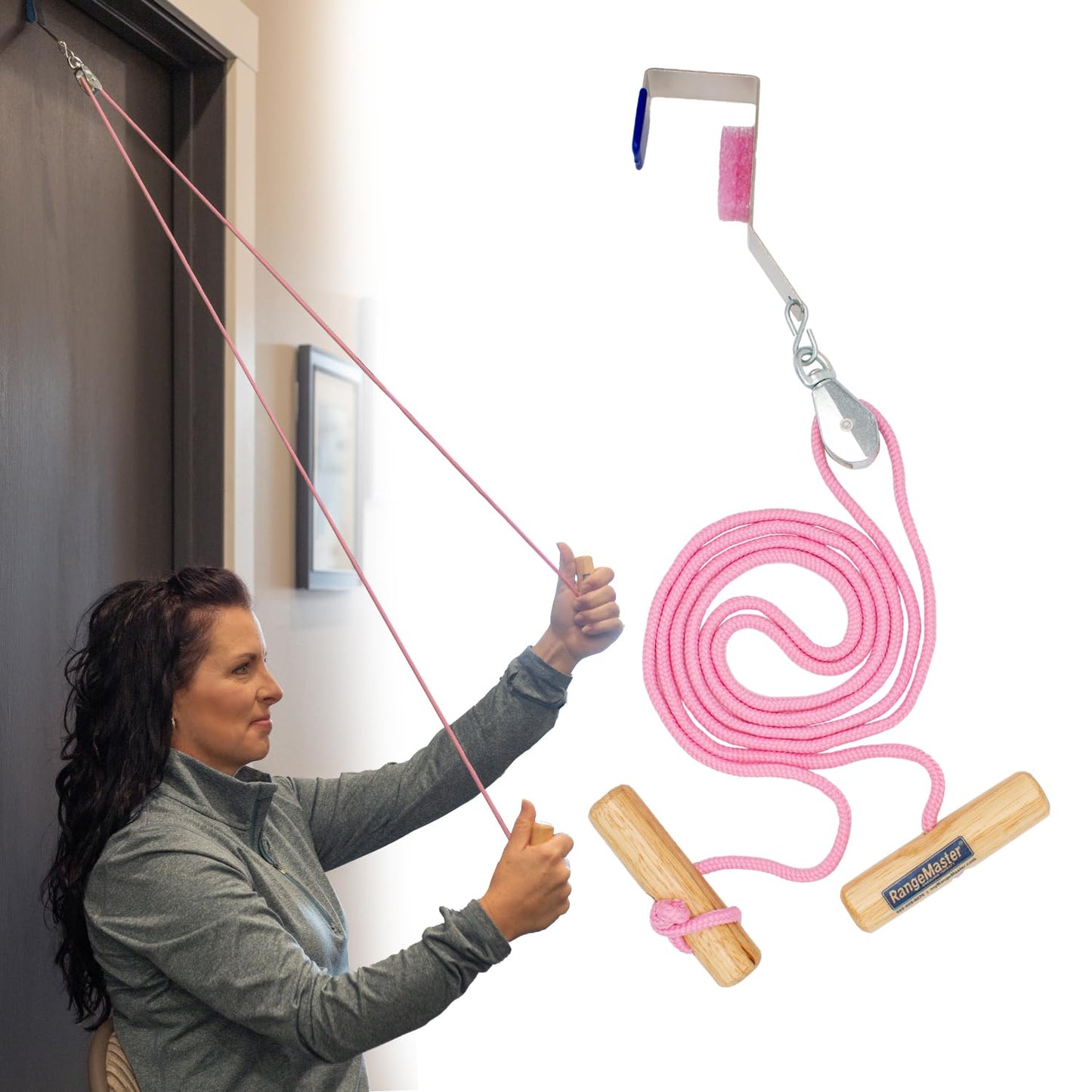 RangeMaster Econo Ranger Shoulder Pulley │ Physical Therapy Exercises │ Aids in Recovery and Rehabilitation │ Increases Mobility │ Wooden Handles for Comfort │ Metal Bracket Door Attachment (Pink)