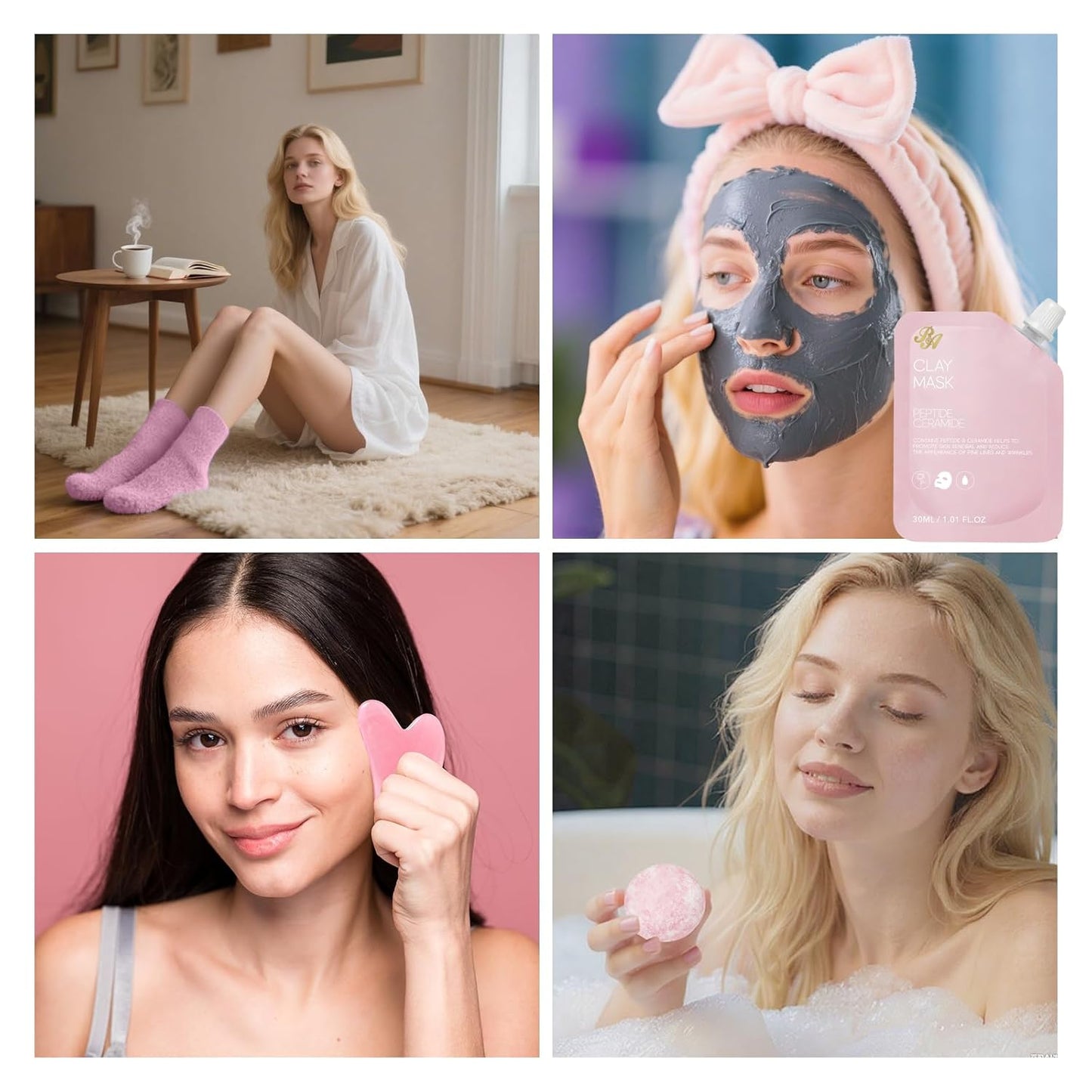 Rose Essential Oil Face Collagen Hydrogel Mask, Face Sheet Mask, 55 Pcs Skin Care Set, Spa Kit for Women, Clay Mask, Under Gel Mask, Gel Lip Mask, Christmas, Valentine's, Birthday, Baby Shower, Mom