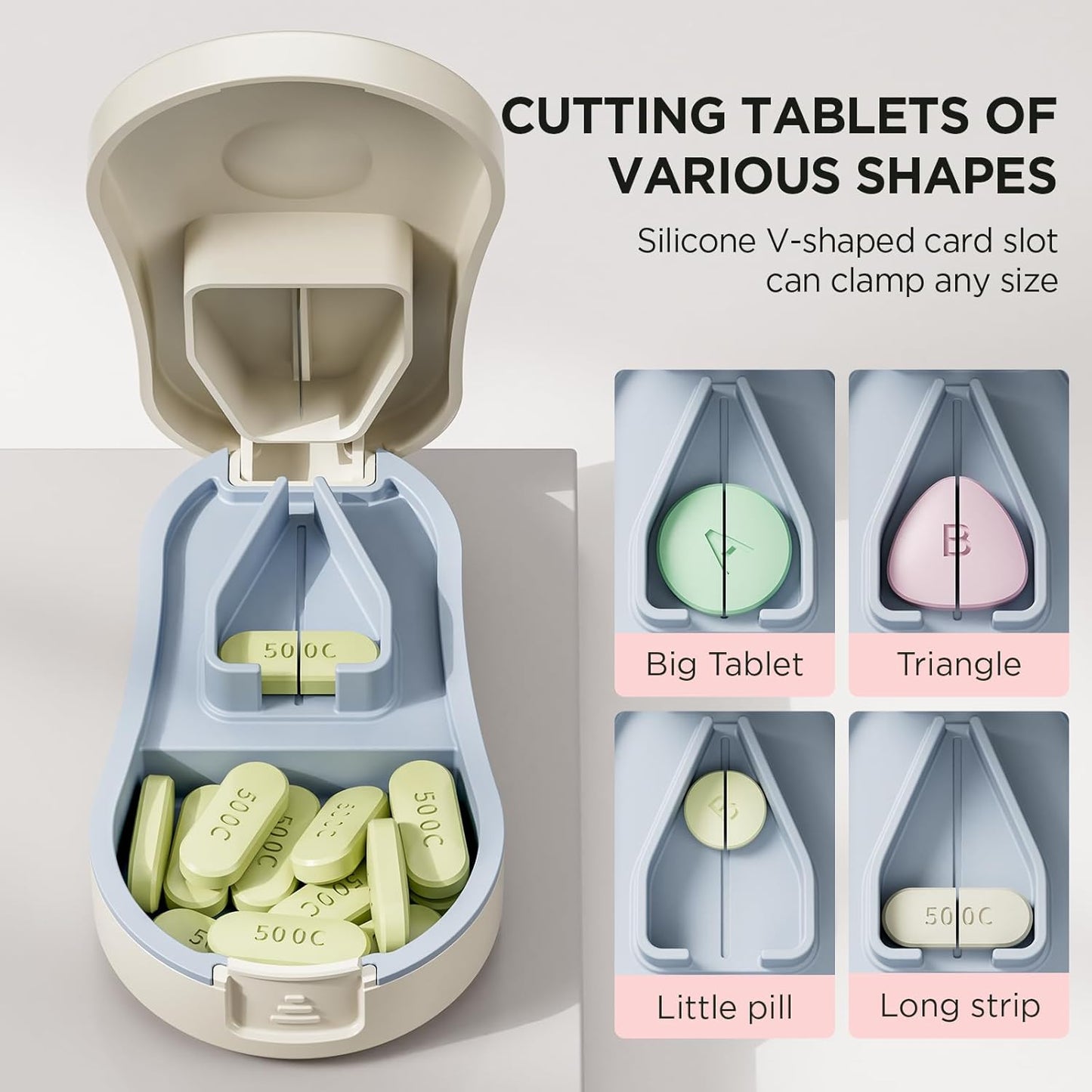 Pill Cutter for Small and Tiny Pills - Pill Splitter with Detachable Silicone Pad - Easy Open Snap Button. Wrap-Around Blade Guard Prevents Cuts. Back Storage (White)