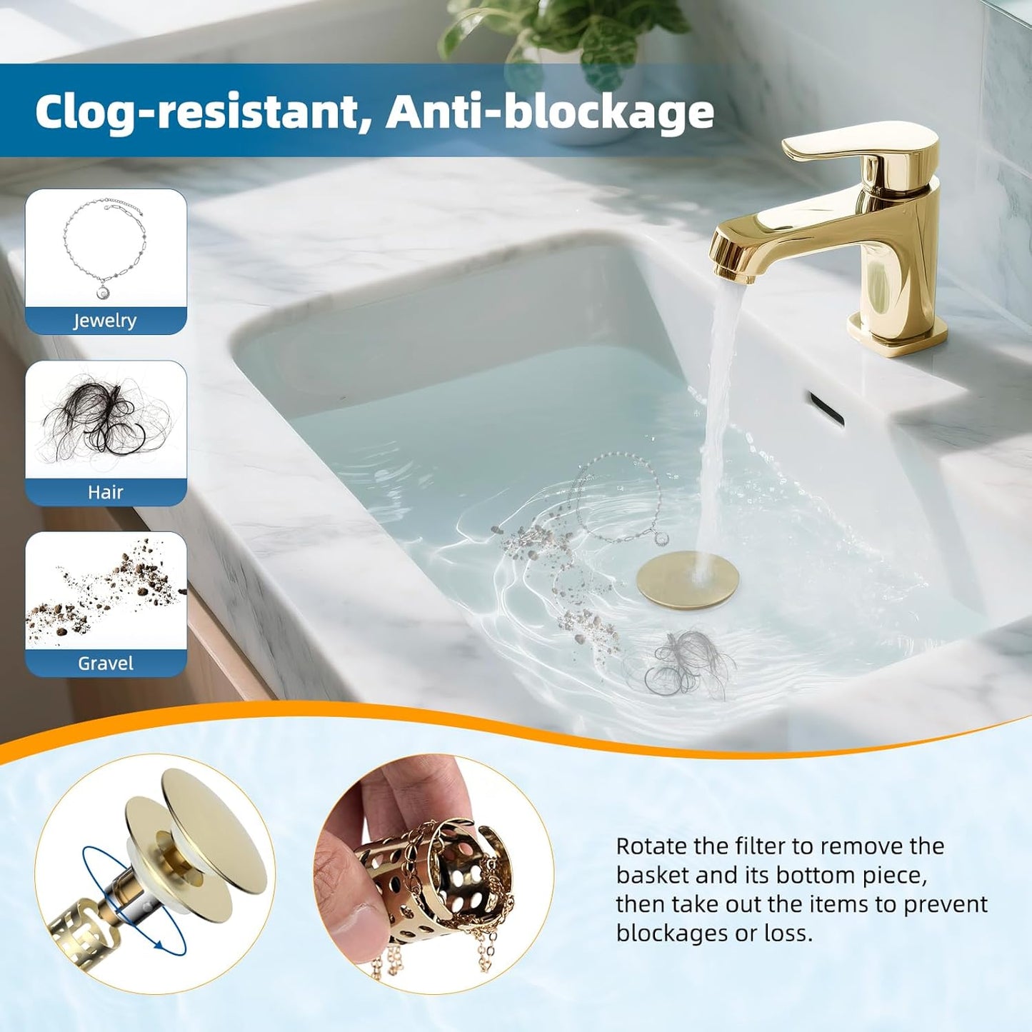 Hibbent 2 Pack Upgraded 3 in 1 Bathroom Sink Drain Strainer, Pop Up Sink Stopper with Big Cap, Anti-Clogging Metal Filter Basket,Sink Plug with Hair Catcher for 1.1''~2.36'' Basin, Brushed Gold