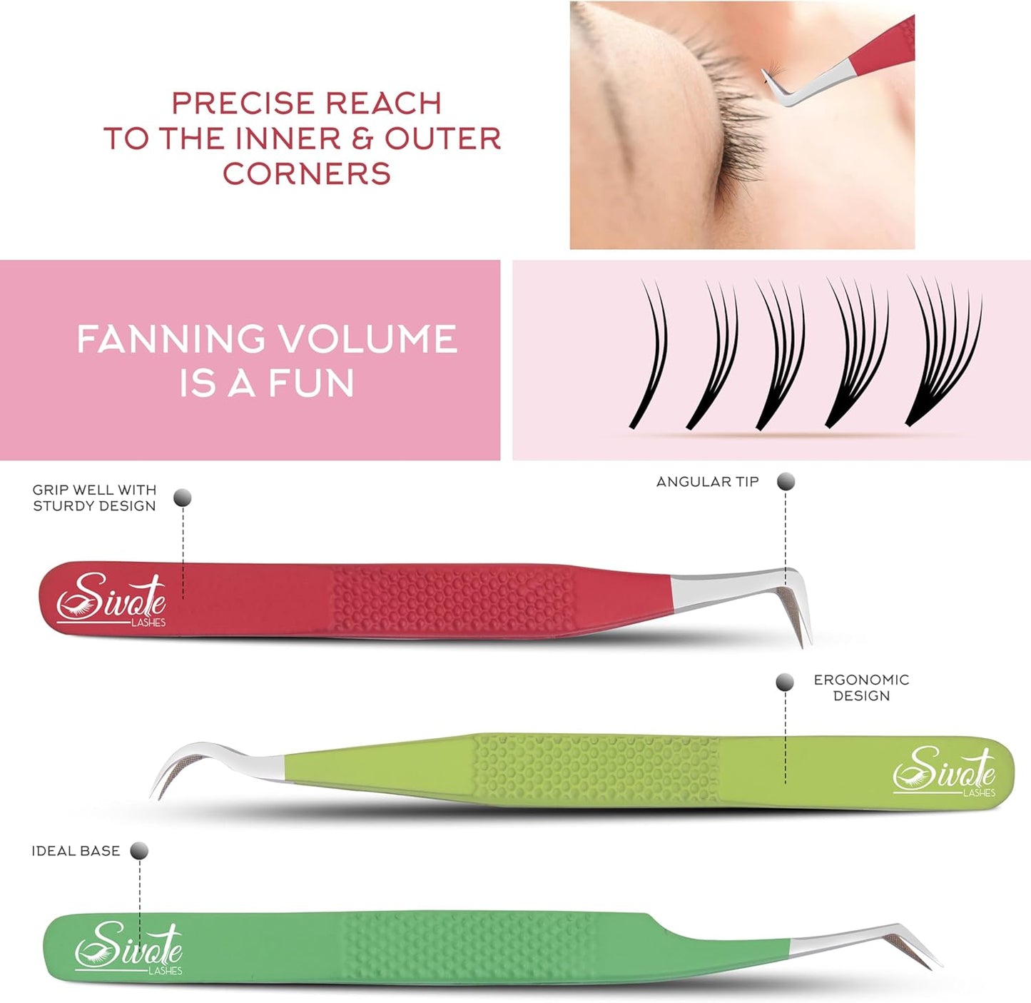 SIVOTE Lash Tweezers for Eyelash Extensions Fiber Tips, Set of 3, 45 Degree, Curved, Volume Boot, Dark Green Red Green