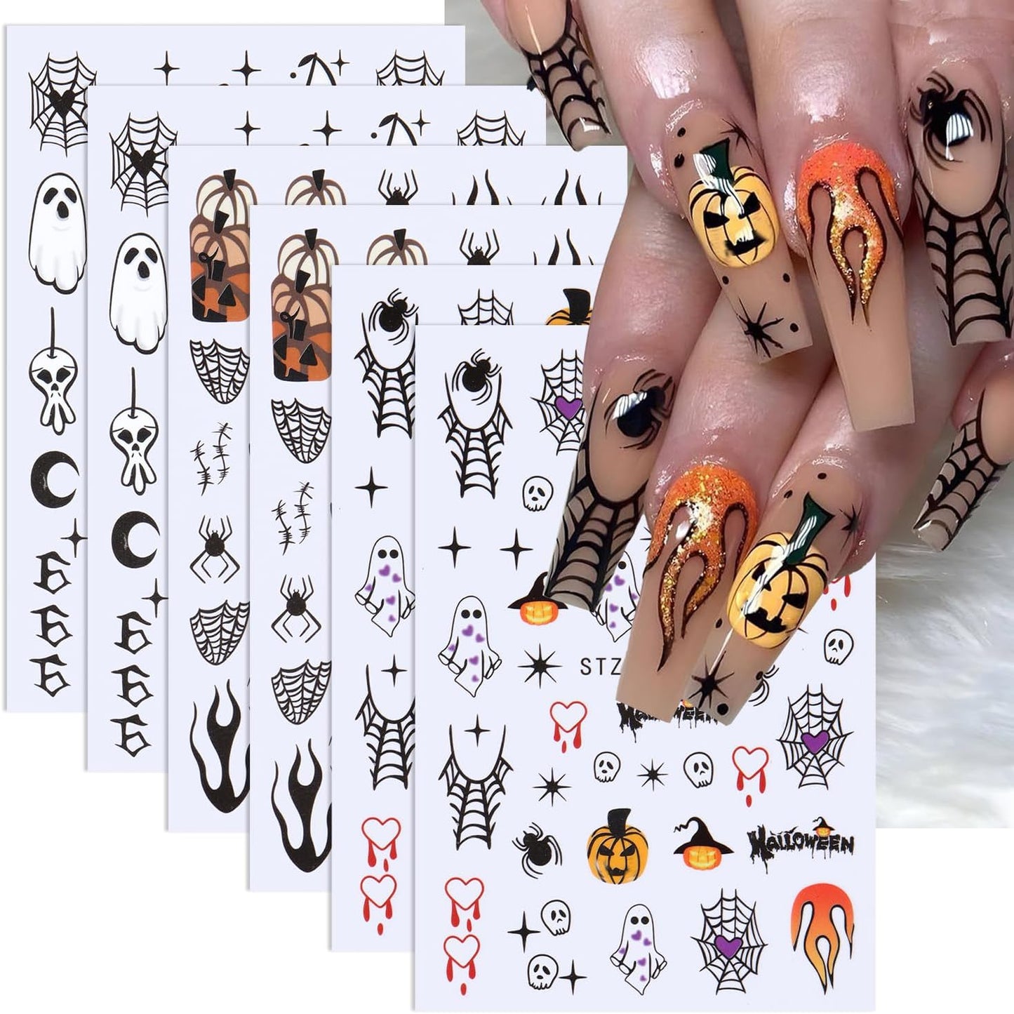 6 Sheets Halloween Nail Art Stickers Spider Web Nail Decals Pumpkin Ghost Nail Stickers Bat Heart Line Flame Nail Sticker for Nail Art 3D Self Adhesive Holiday Manicure Supplies for Women