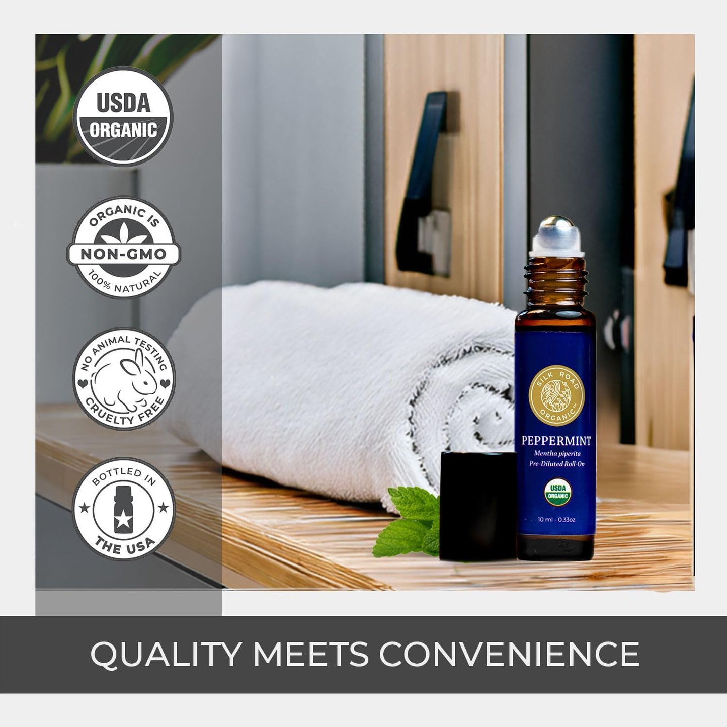 Silk Road Organic Peppermint Essential Oil Roll On, Mentha Piperita, 100% Pure USDA Certified Aromatherapy - Headache, Morning Sickness, Nausea, Energy & Hair - 10 ml Roller