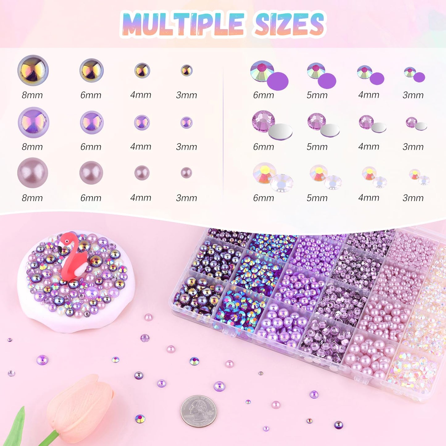 9000Pcs Flatback Pearls and Rhinestones for Crafting, Purple Series Mixed Size 3-8mm Resin Rhinestones and Half Pearls for Bedazzling, Nail Art and Decoration with 3pcs B7000 Jewelry Glue