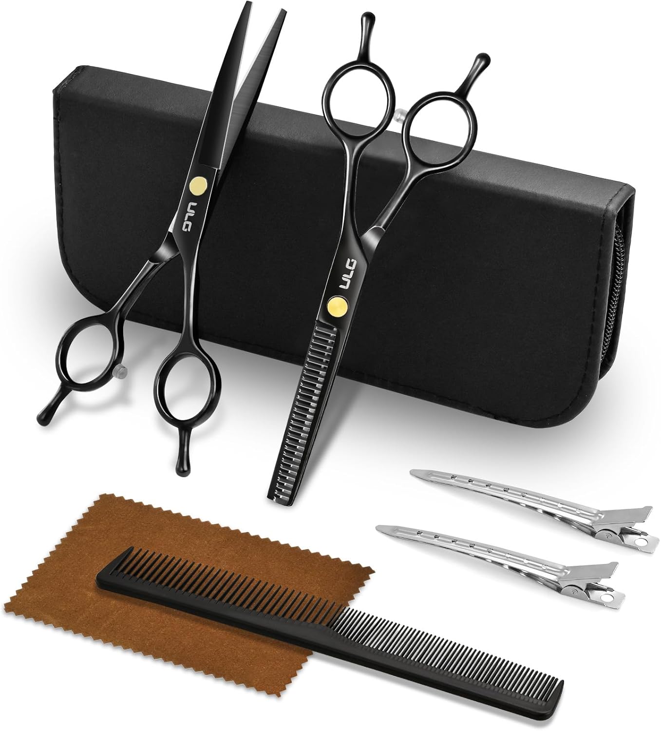 ULG Professional Hair Cutting Scissors Set – 6.5” Japanese Stainless Steel Barber Shears & Thinning Scissors with Comb, Clips & Case – At-Home Salon Haircut Kit for Men, Women, Kids, Black