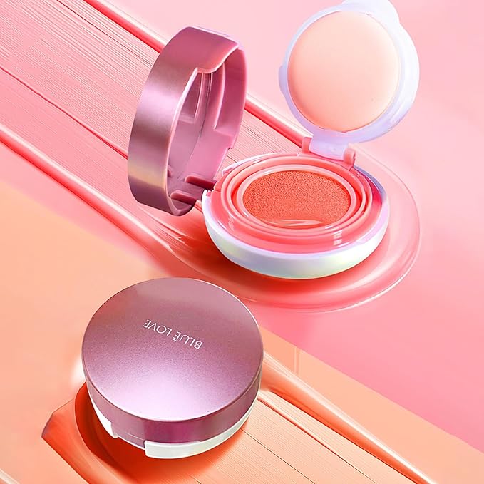 BLUE LOVE Cushion Liquid Blush - Silky Cheek Tint with Mirror, Natural Enhancer for a Radiant Finish, Contours & Highlights for Effortless Elegant (01 Pink Orange)