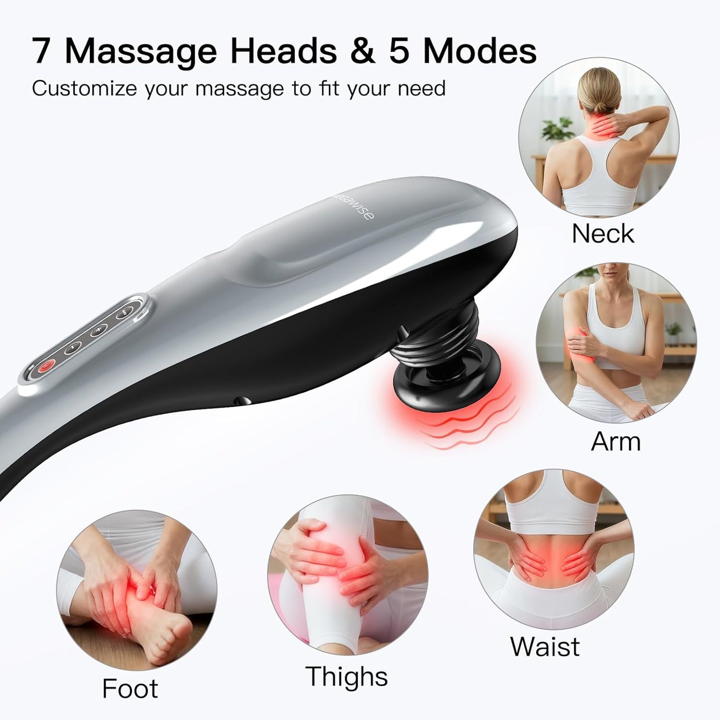 MEGAWISE Handheld Back Massager | Deep Tissue Percussion Massage for Back, Neck, Shoulders, Waist and Legs (Silver Grey) with 6ft Power Cord, Ergonomic Handle