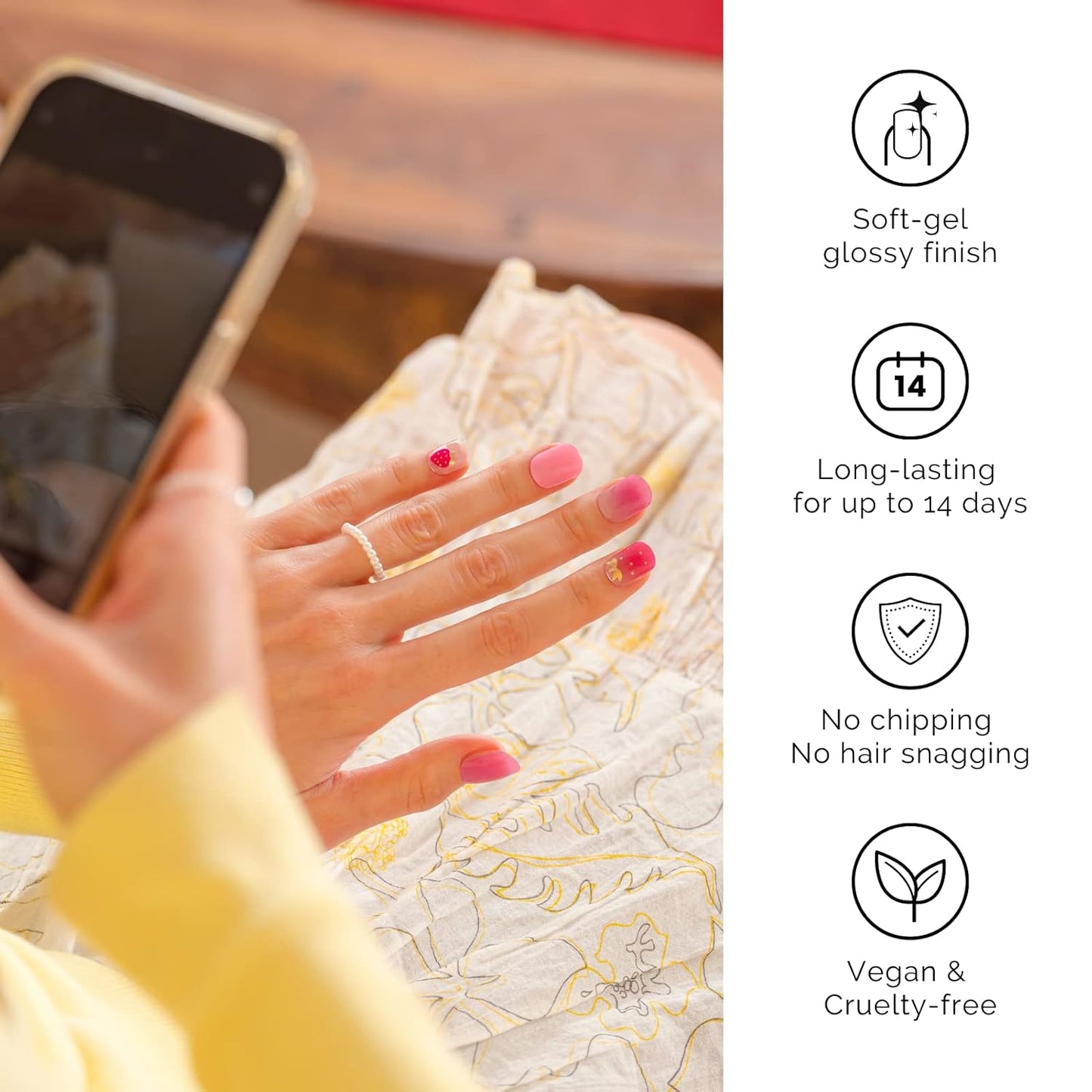 NAILOG Semi Cured Gel Nail Strips, 34 pcs Salon-Quality Gel Nail Stickers, Long Lasting Nail Wraps for Women with Soft Gel Finish | Strawberry Love