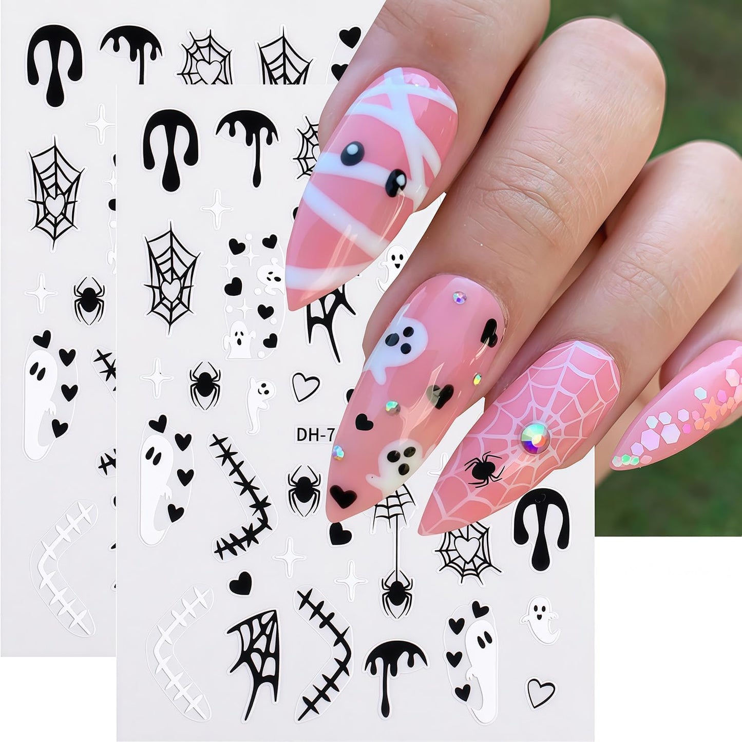 6 Sheets Halloween Nail Art Stickers Nail Decals 3D Self-Adhesive Spider Web Spider Cute Ghost Bat Nail Stickers Design Fall Holiday Salon DIY Nails Decoration Accessories for Women